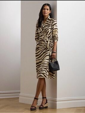 Ralph Lauren Zebra-Print Wrap Midi Dress in Cream and Brown